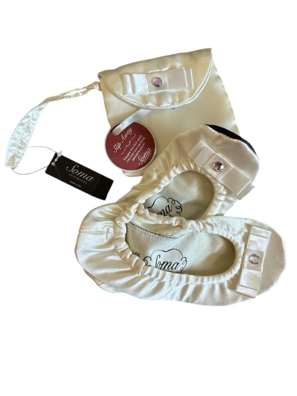 Soma Satin Foldable Travel Ballet Flats Bow Detail Slip Away Comfort Ivory Small